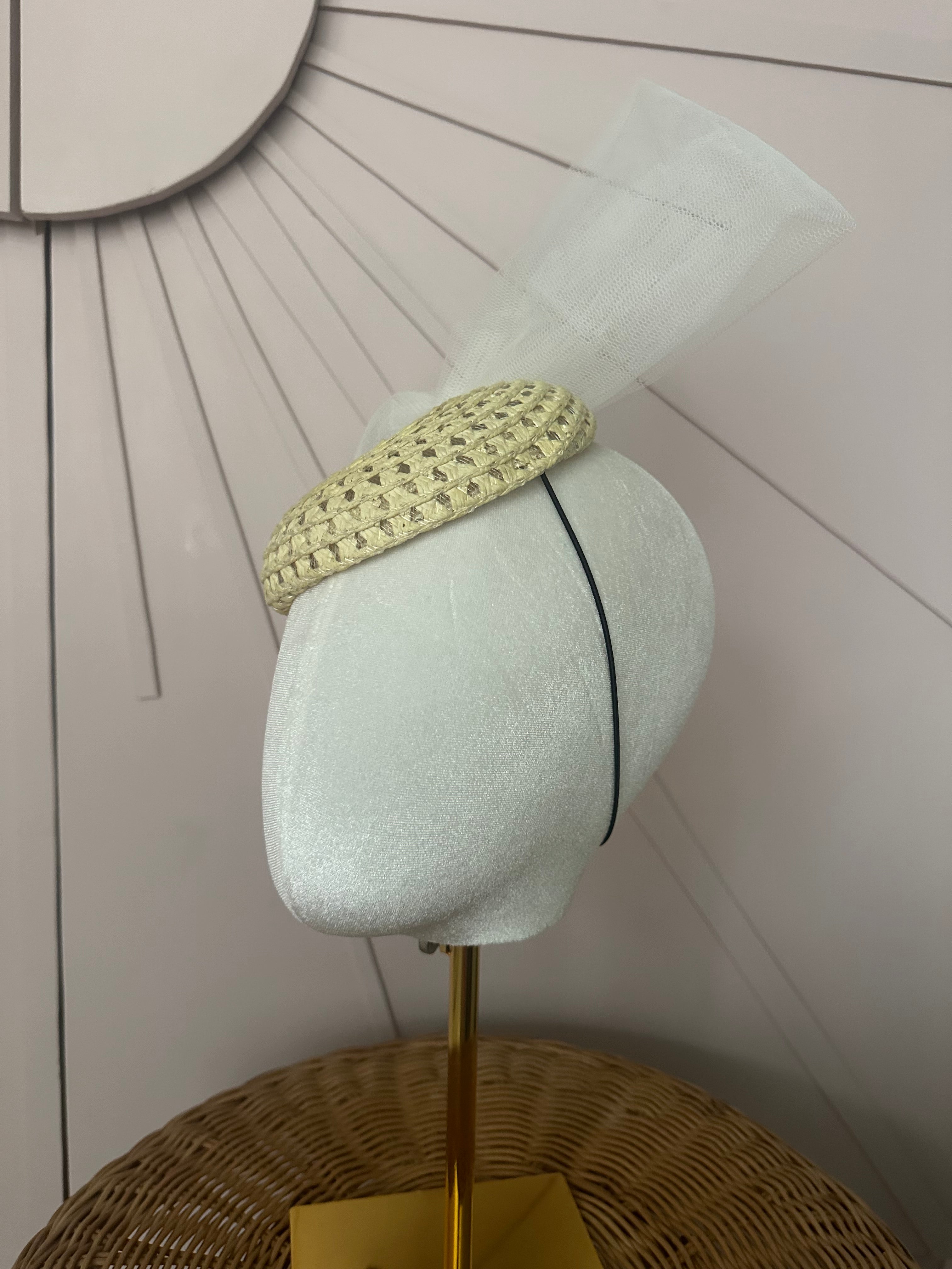 Natural Straw Cocktail Hat with Sculptural Tulle Bow