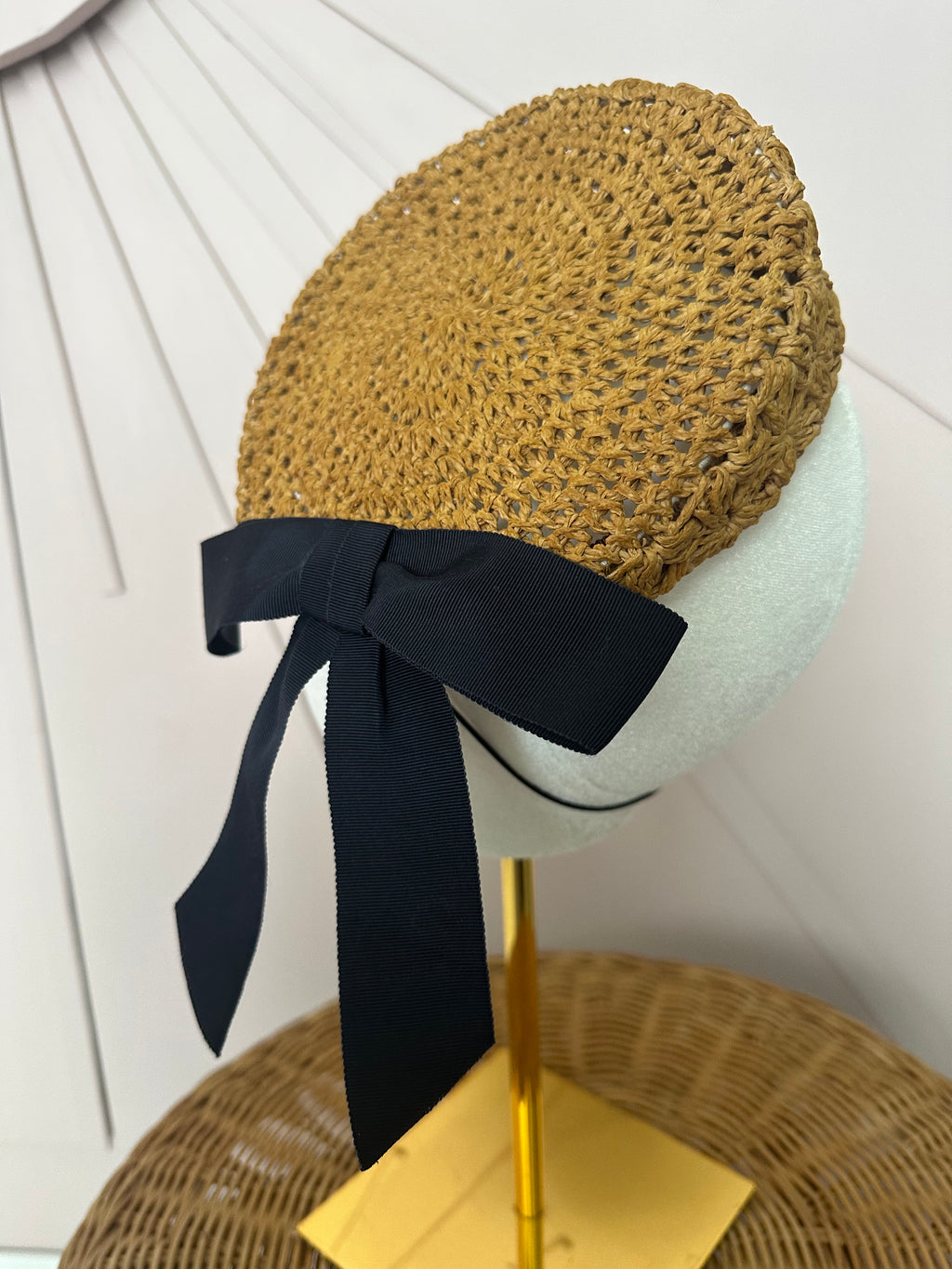 Natural Crochet Straw Button Hat with Black Grosgrain Bow