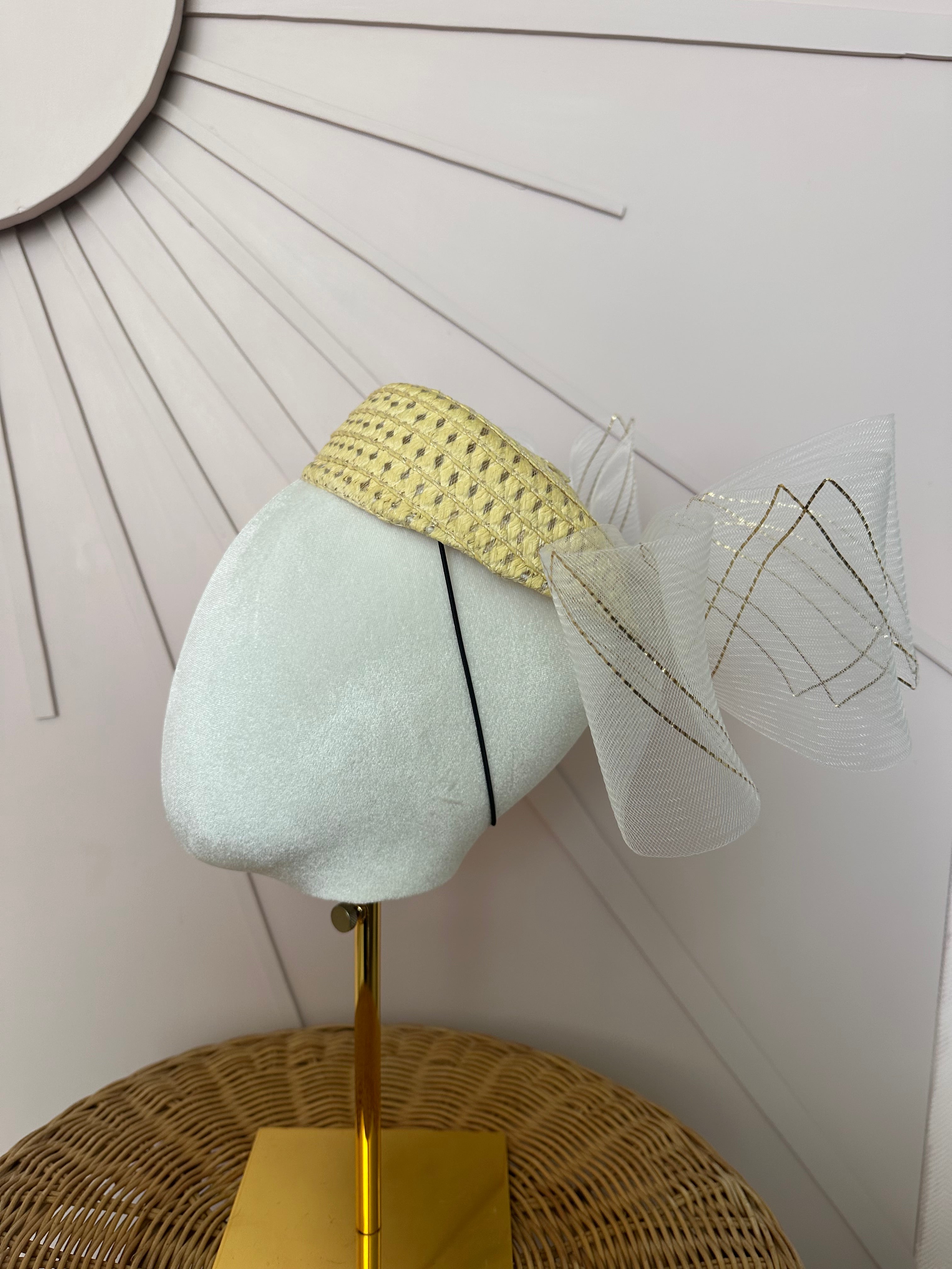 Natural Straw Pillbox Hat with Ivory & Gold Crinoline Bow