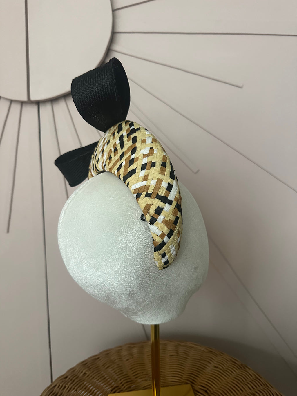 Patterned Straw Halo Headband with Vintage Sisal Bow | One-of-a-Kind Millinery