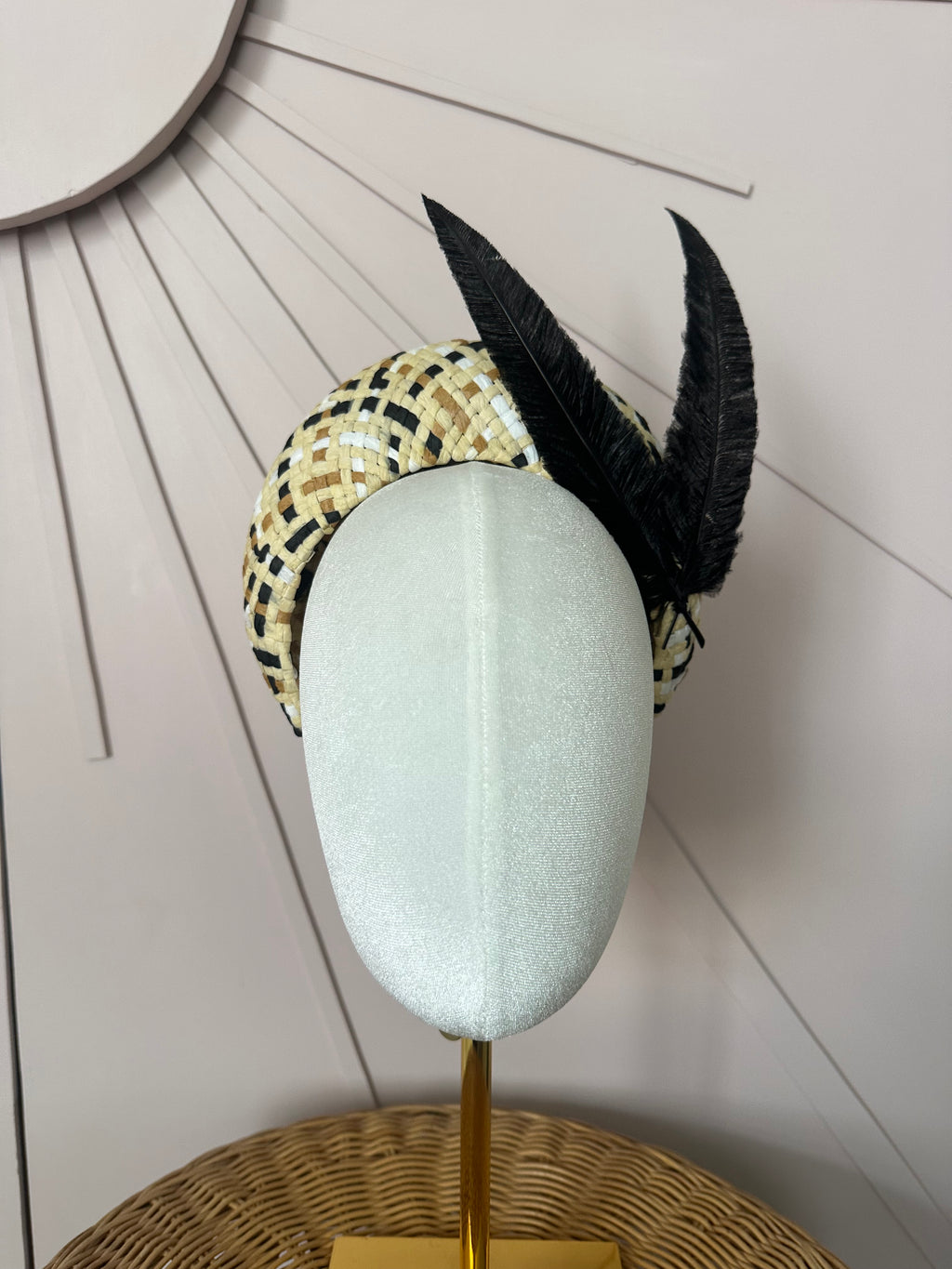 Black & Natural Woven Straw Halo Headpiece Woven with Hand-Trimmed Feather Detail