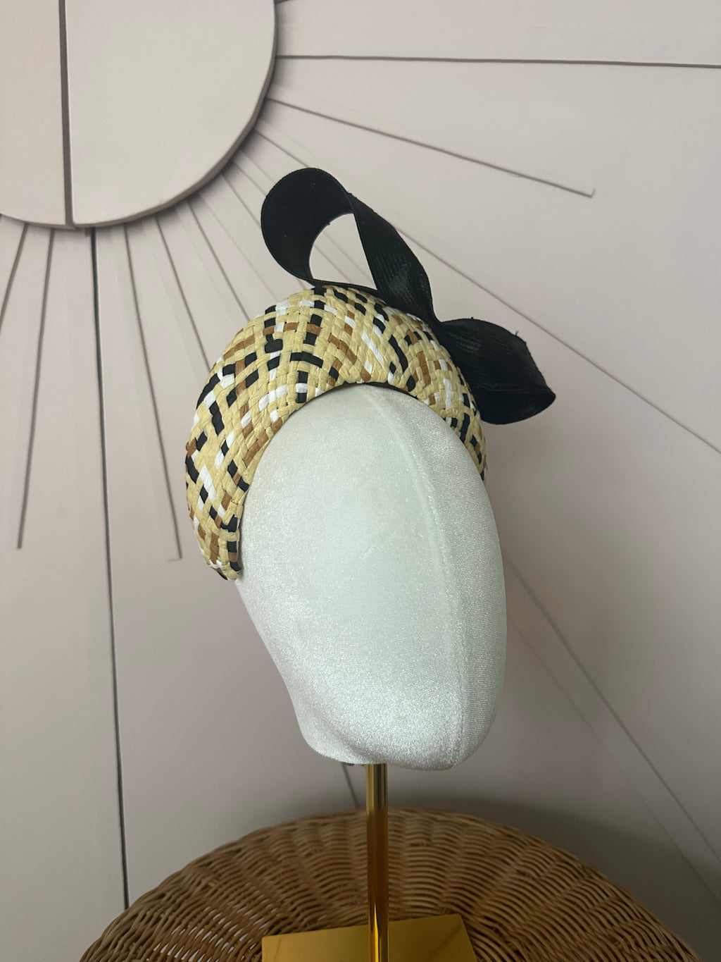 Patterned Straw Halo Headband with Vintage Sisal Bow | One-of-a-Kind Millinery