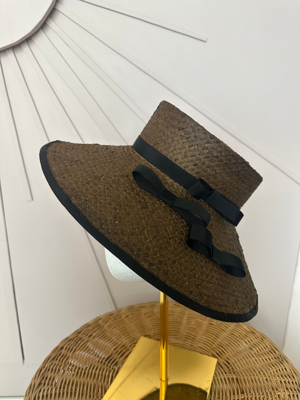 Chocolate Brown Wide Brim Straw Occasion Hat with Vintage Black Petersham Trim