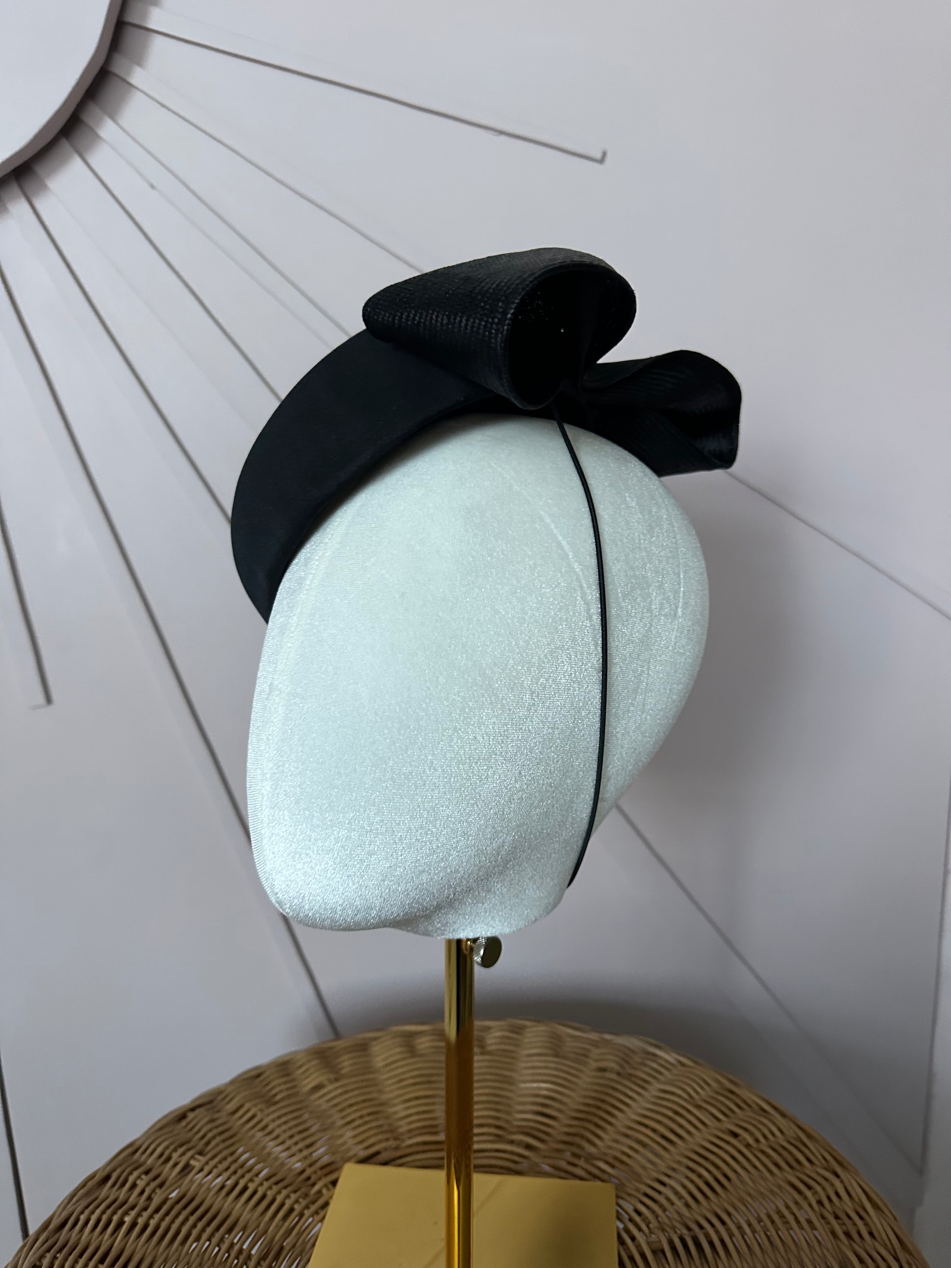 Vintage Black Satin Cocktail Hat with Sculptural Sisal Bow