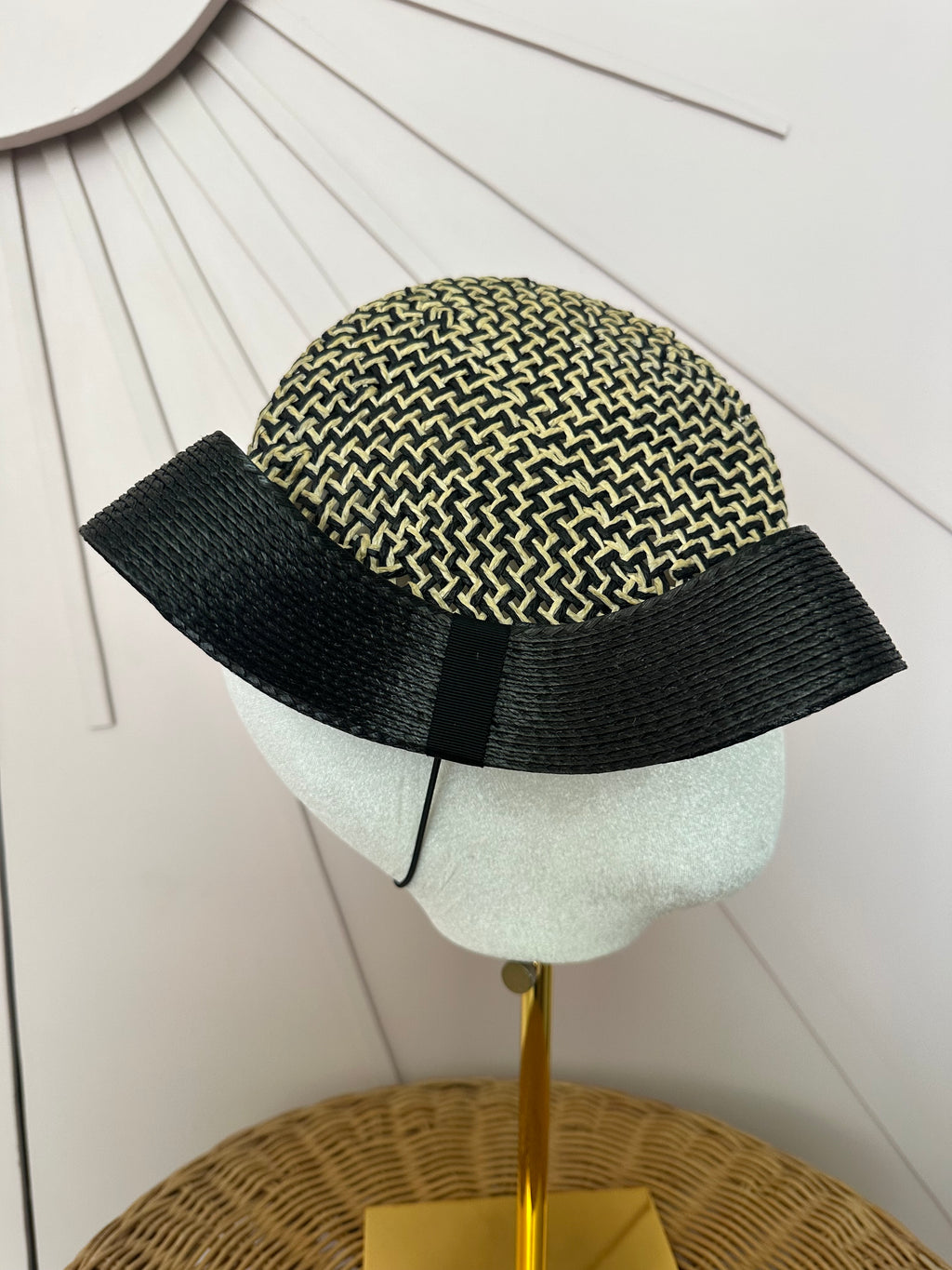Black & Natural Woven Pillbox Hat with Sculptural Bow
