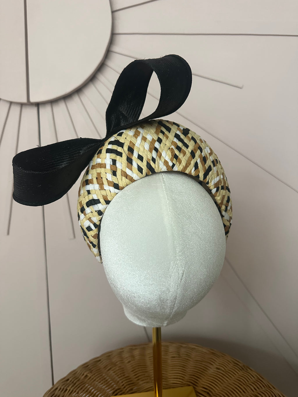Patterned Straw Halo Headband with Vintage Sisal Bow | One-of-a-Kind Millinery