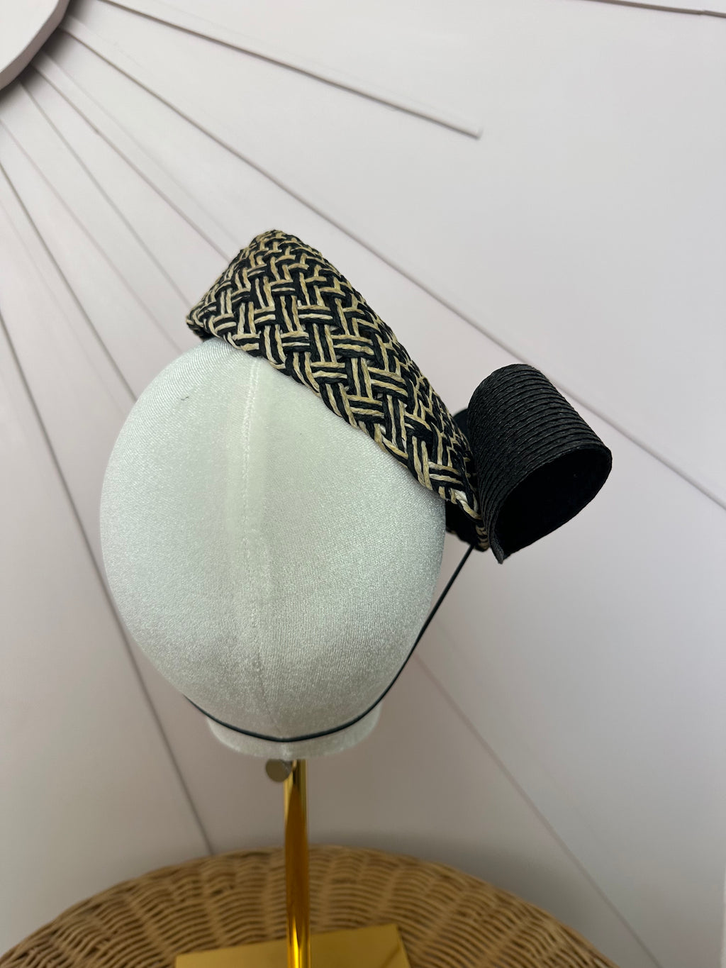 Black & Natural Woven Pillbox Hat with Sculptural Bow