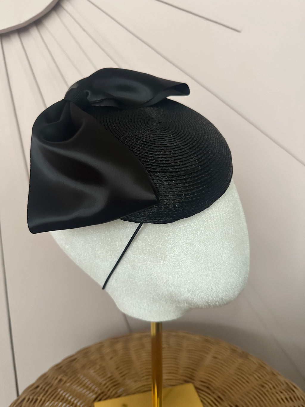 Classic Black Woven Poly Braid Button Cocktail Hat with Sculptural Satin Bow