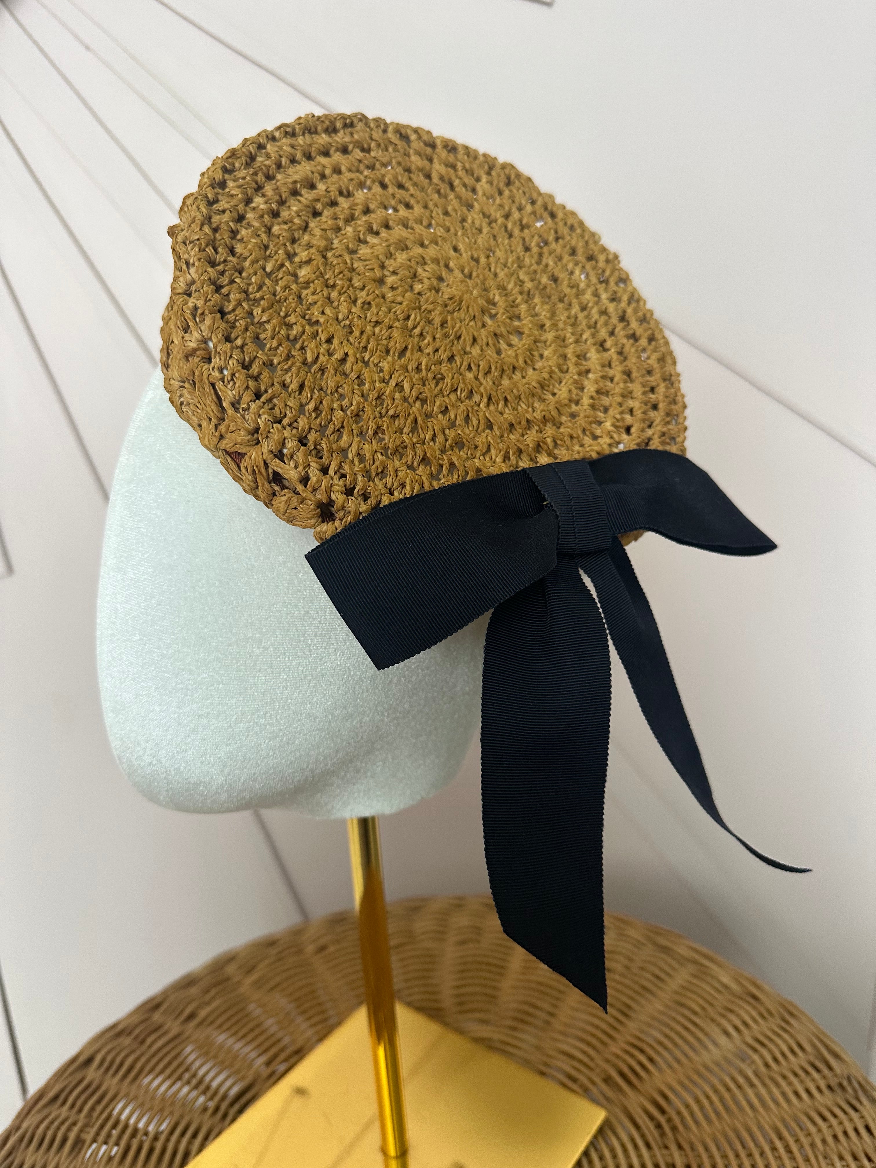 Natural Crochet Straw Button Hat with Black Grosgrain Bow