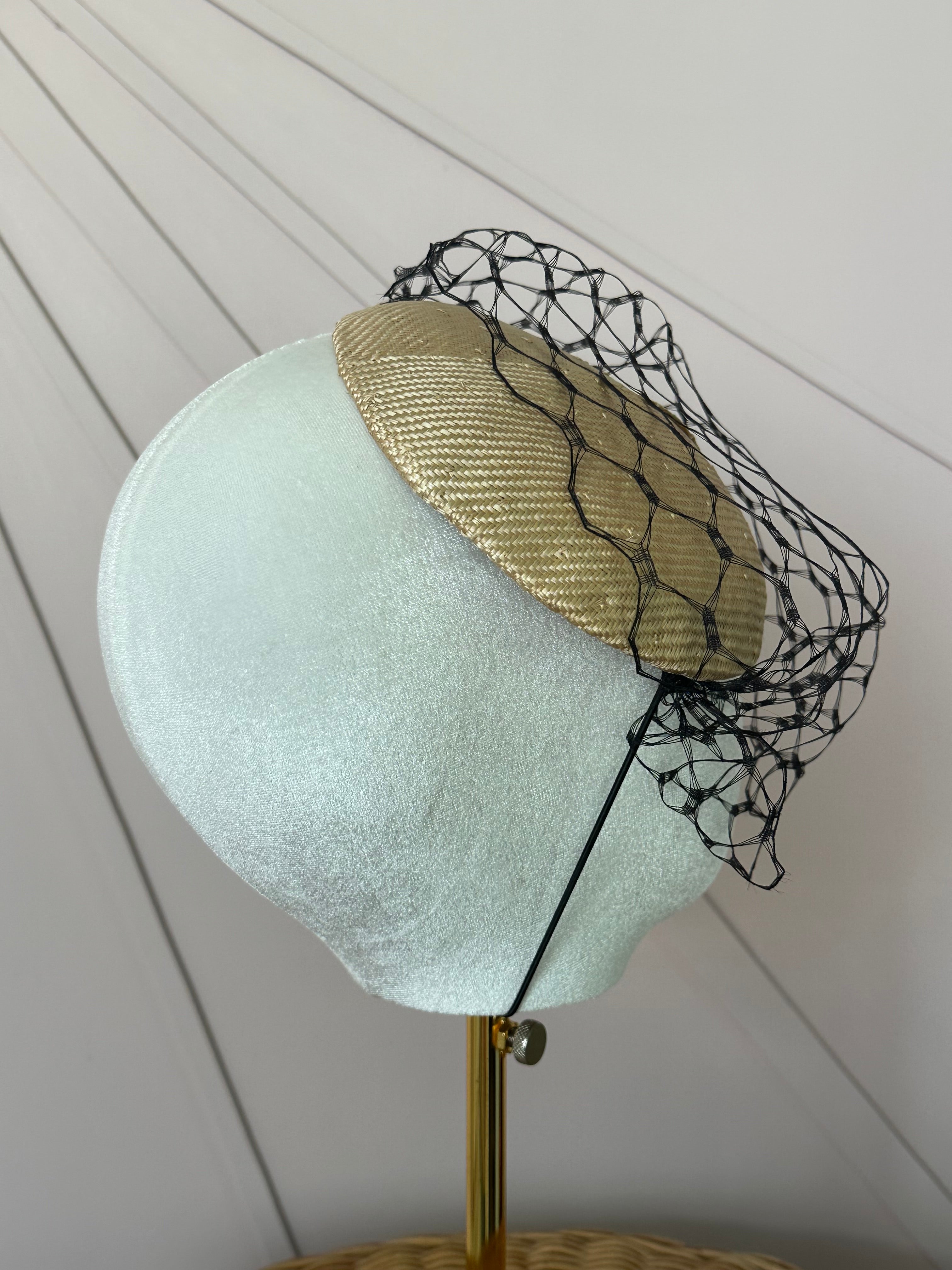 Vintage Sisal Cocktail Hat with Deadstock Russian Veiling | One of a Kind
