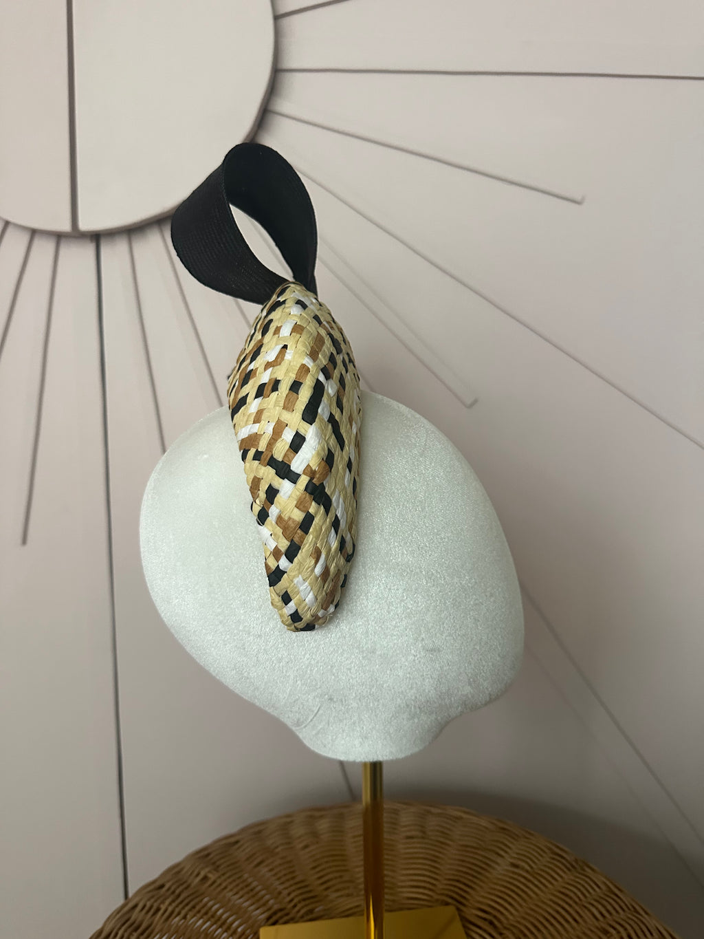 Patterned Straw Halo Headband with Vintage Sisal Bow | One-of-a-Kind Millinery
