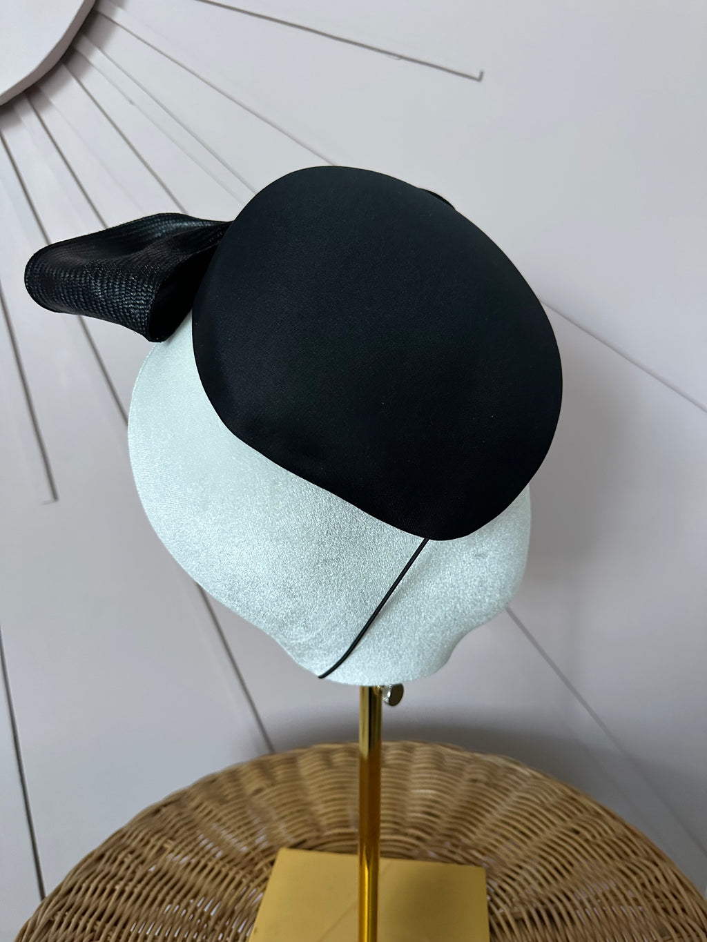 Vintage Black Satin Cocktail Hat with Sculptural Sisal Bow
