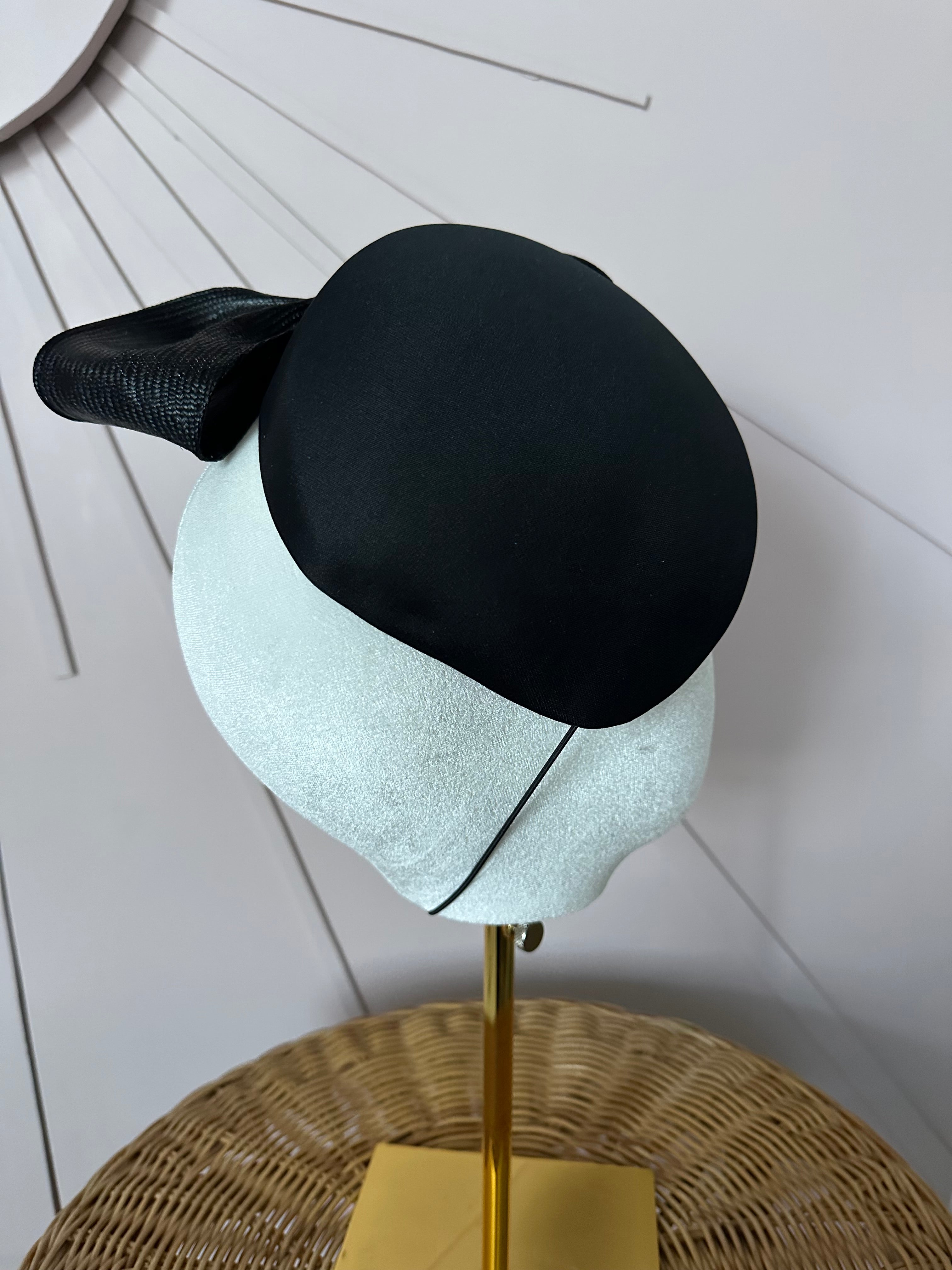 Vintage Black Satin Cocktail Hat with Sculptural Sisal Bow
