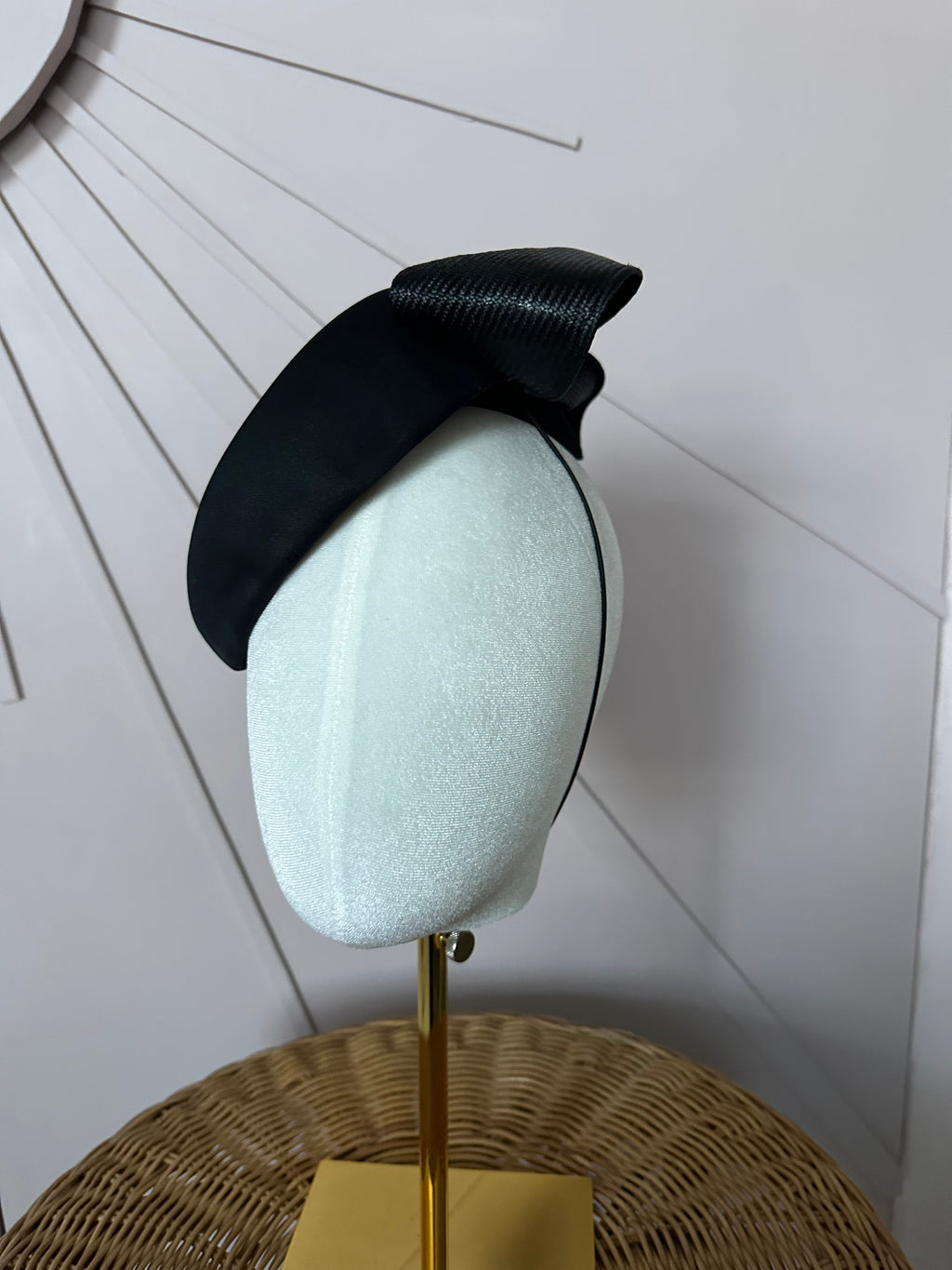Vintage Black Satin Cocktail Hat with Sculptural Sisal Bow