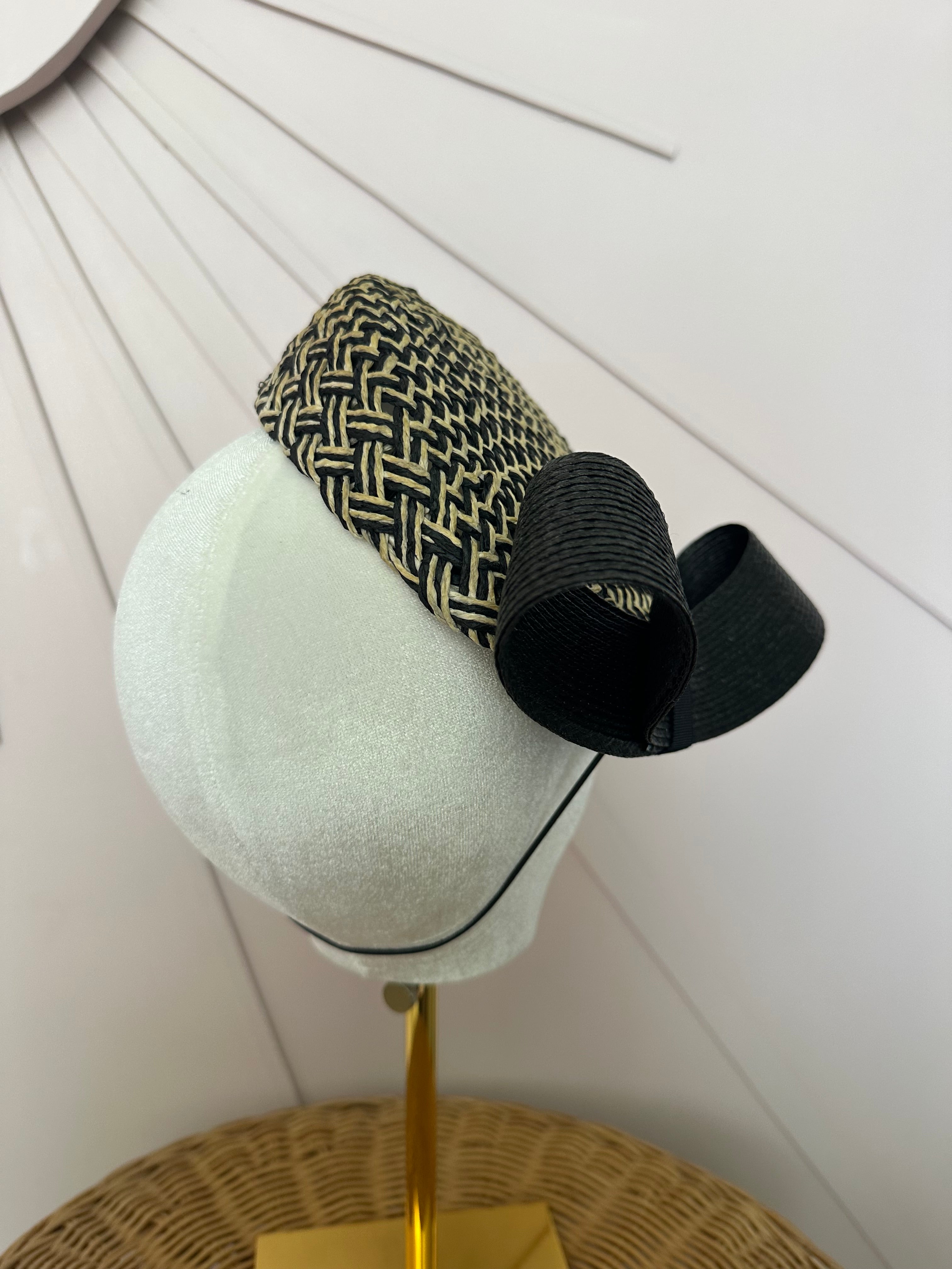Black & Natural Woven Pillbox Hat with Sculptural Bow