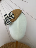 Woven Straw Button Cocktail Hat with Navy & Ivory Grosgrain Bow