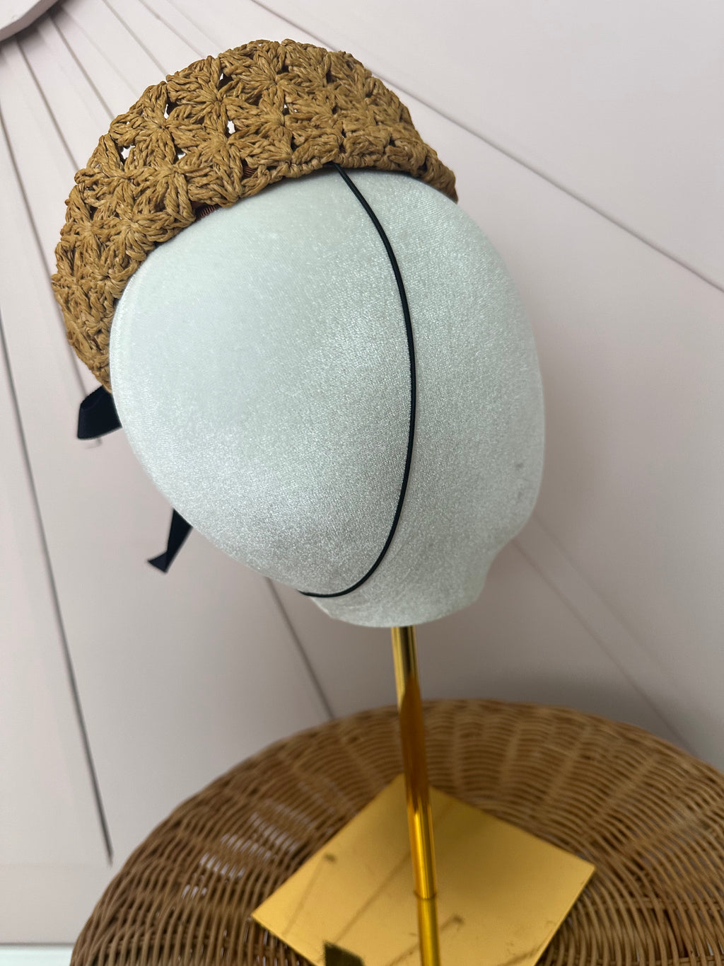 Natural Crochet Straw Button Hat with Black Grosgrain Bow