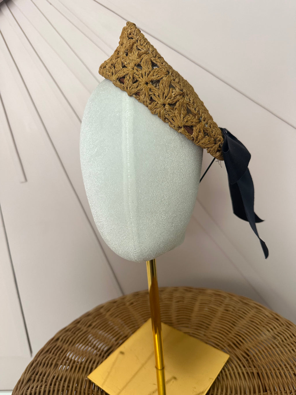 Natural Crochet Straw Button Hat with Black Grosgrain Bow