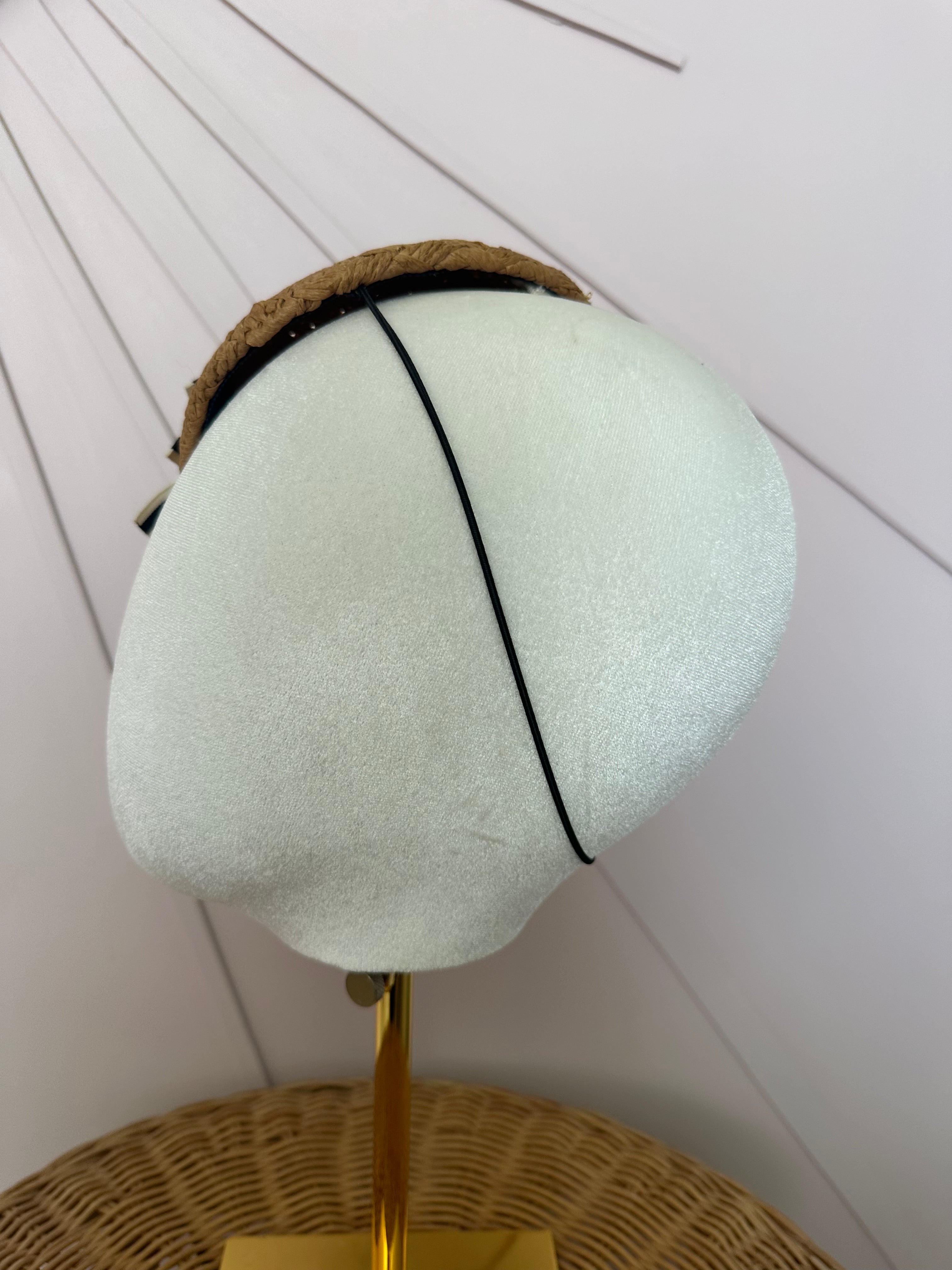 Woven Straw Button Cocktail Hat with Navy & Ivory Grosgrain Bow