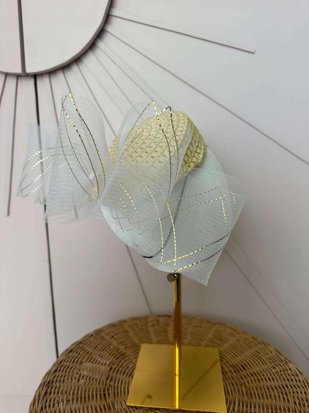 Natural Straw Pillbox Hat with Ivory & Gold Crinoline Bow